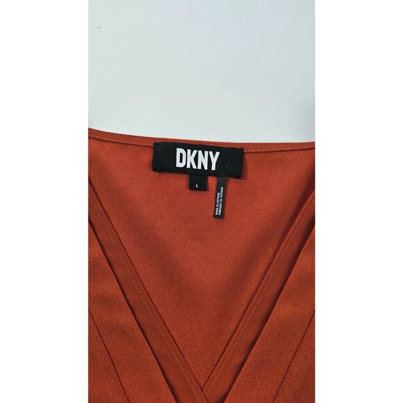DKNY chiffon trim layered mixed media velour neck top L fall color orange casual - Picture 5 of 9